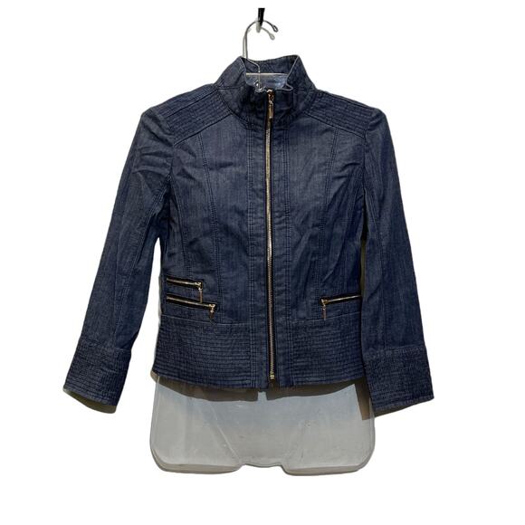 White House Black Market Denim Jacket Womens Size 00 Blue Zip Front Motostyle - Picture 1 of 16